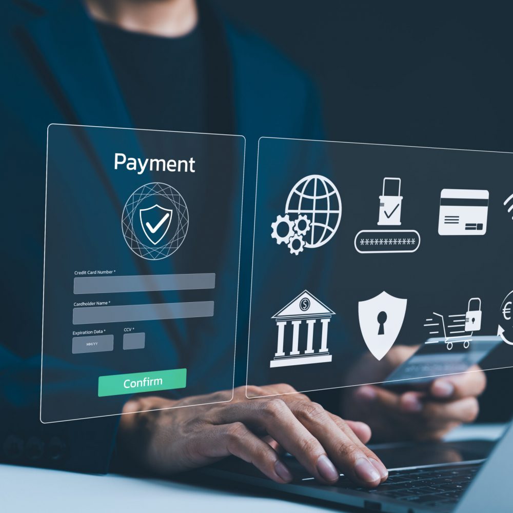 Secure Online Payment Transaction Process concept. Businessman confirming secure online payment using credit card through digital interface with verification tick symbol. Internet banking, fintech,