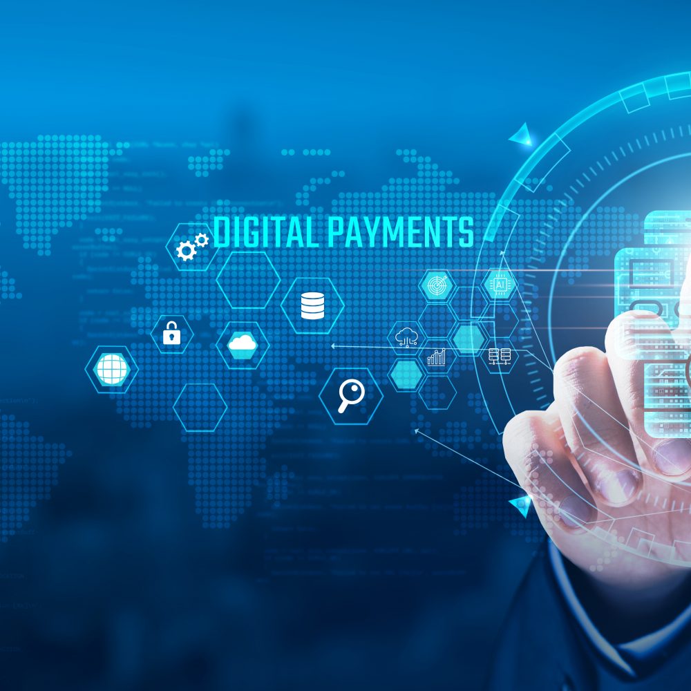 Digital Payments concept: Businessman touching payment icon on virtual interface, security, convenience, speed, innovation.